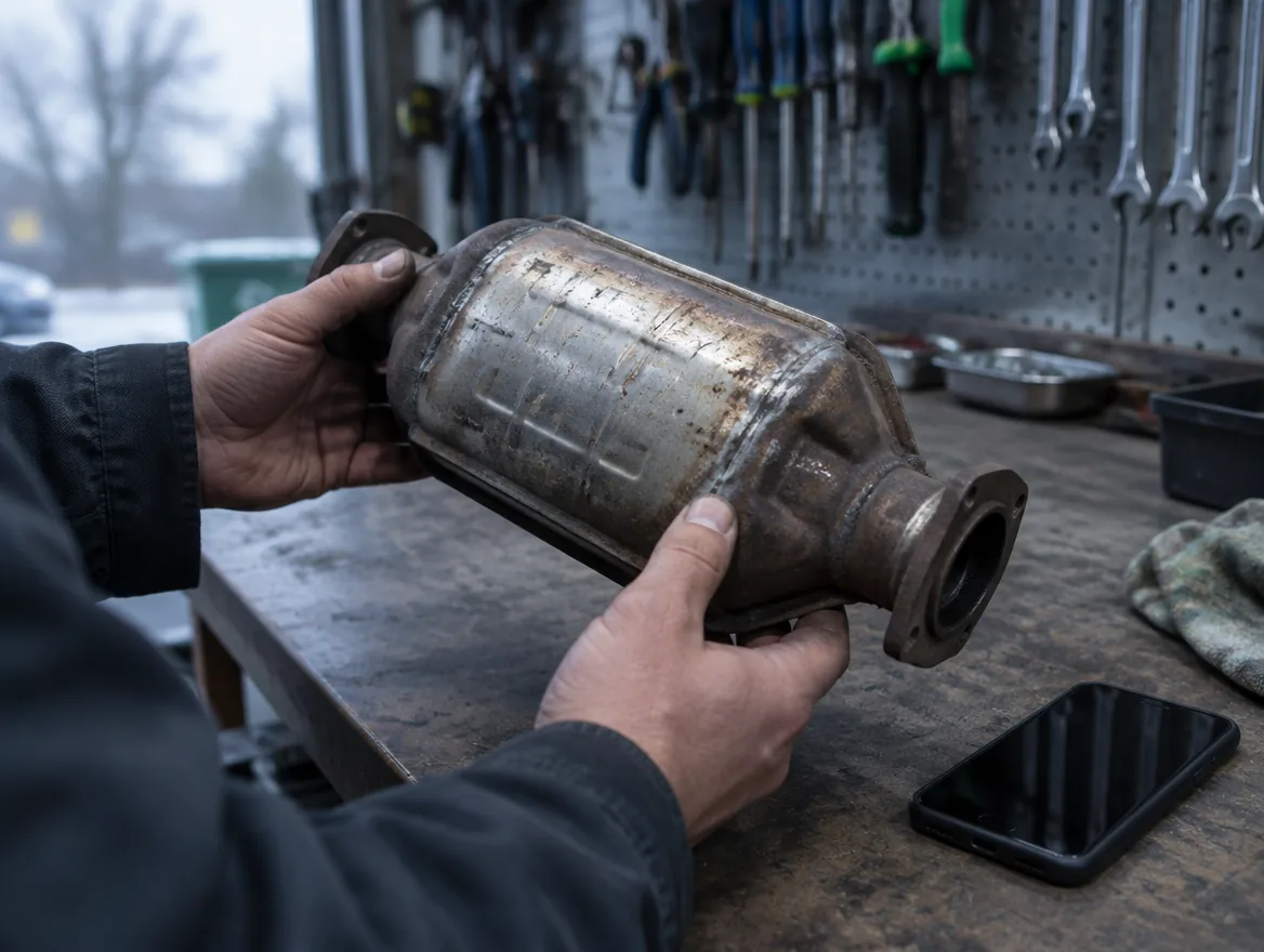 Dans un garage, des mains tiennent un petit catalyseur usagé pour lire son numéro, un téléphone posé à côté.