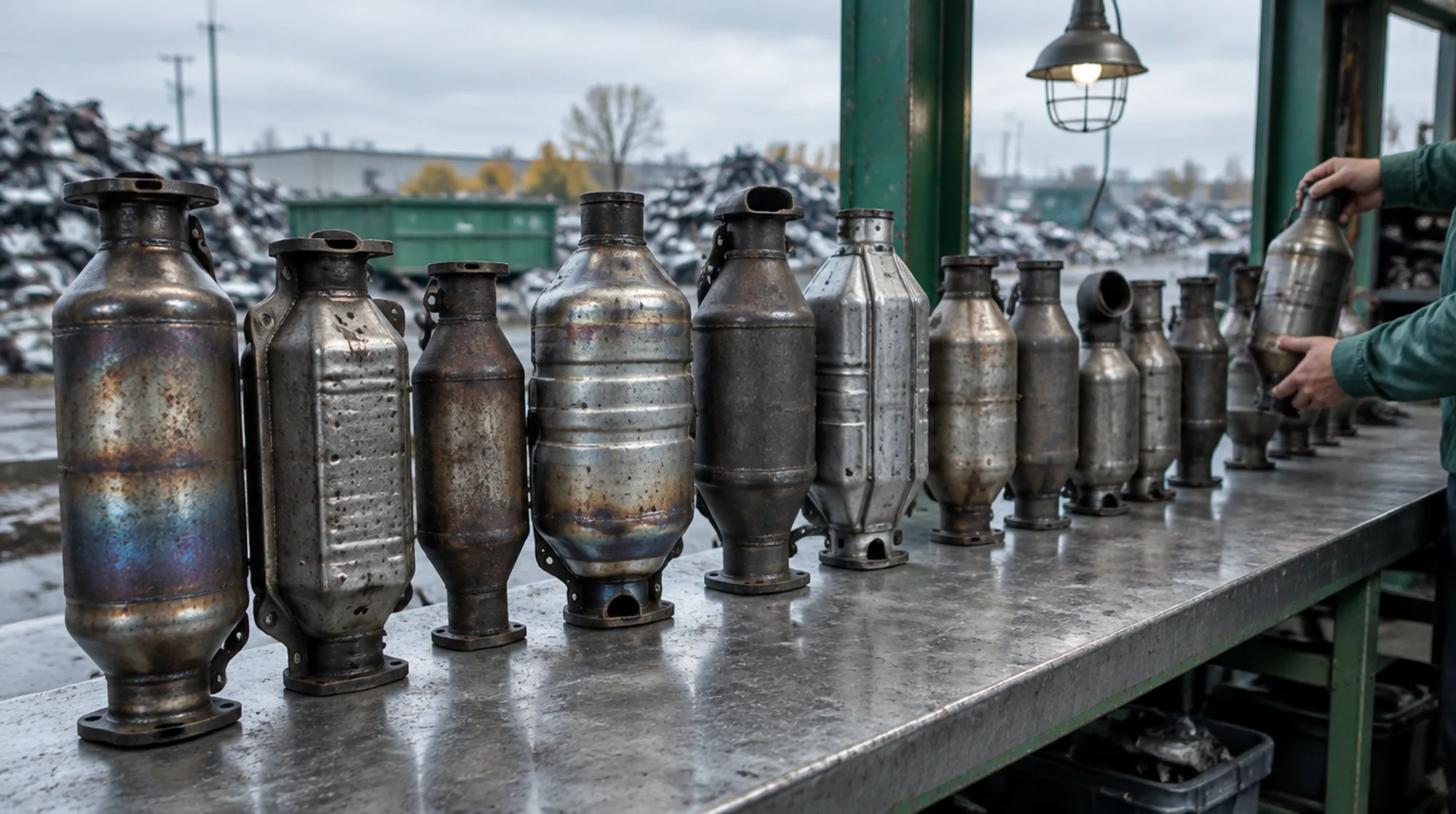 Une douzaine de catalyseurs usagés debout en rangée sur un établi d'acier, une main en soulève un au bout.