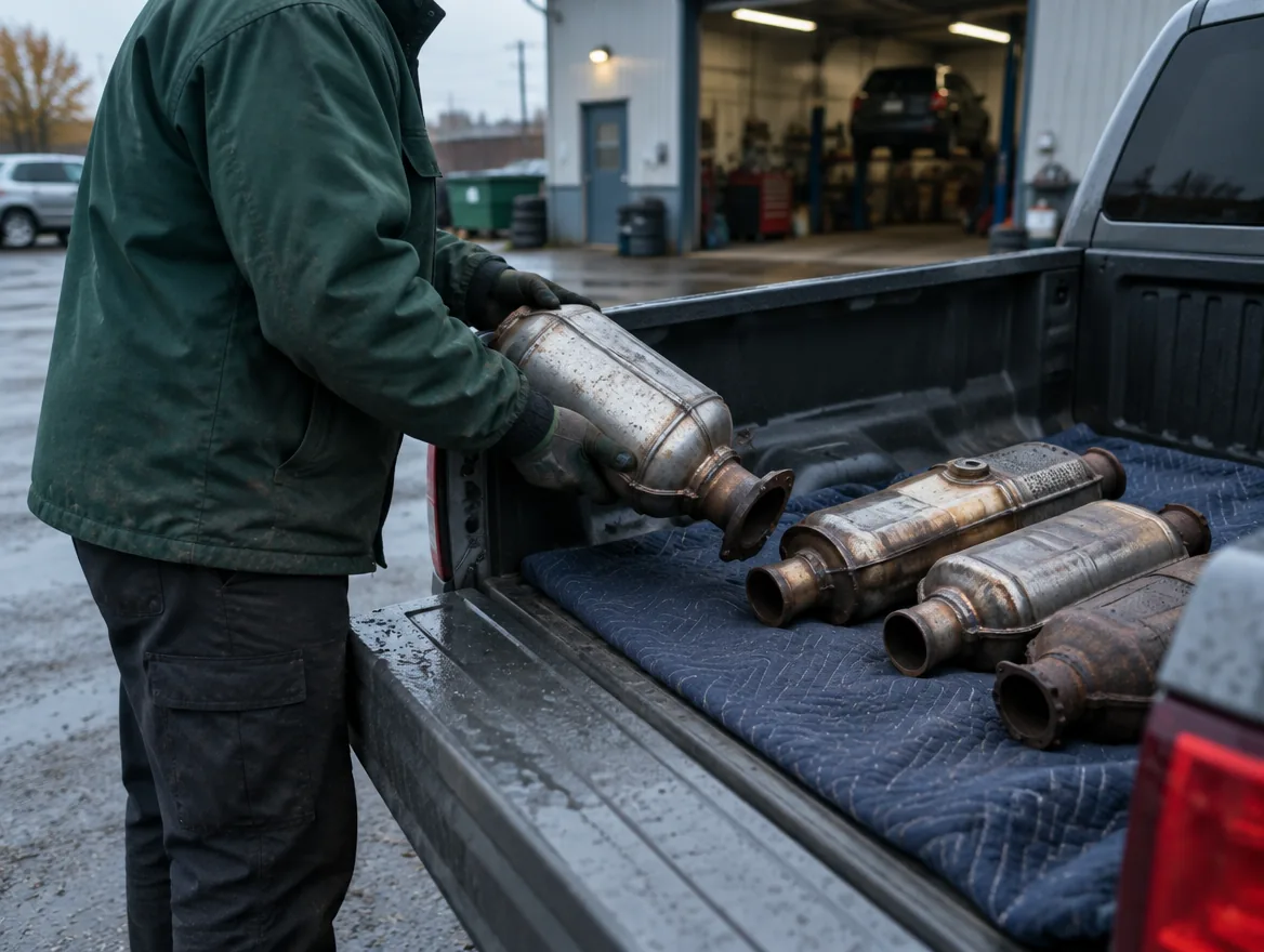 Devant un garage, un employé dépose un catalyseur usagé dans la boîte d'un pick-up avec trois autres.