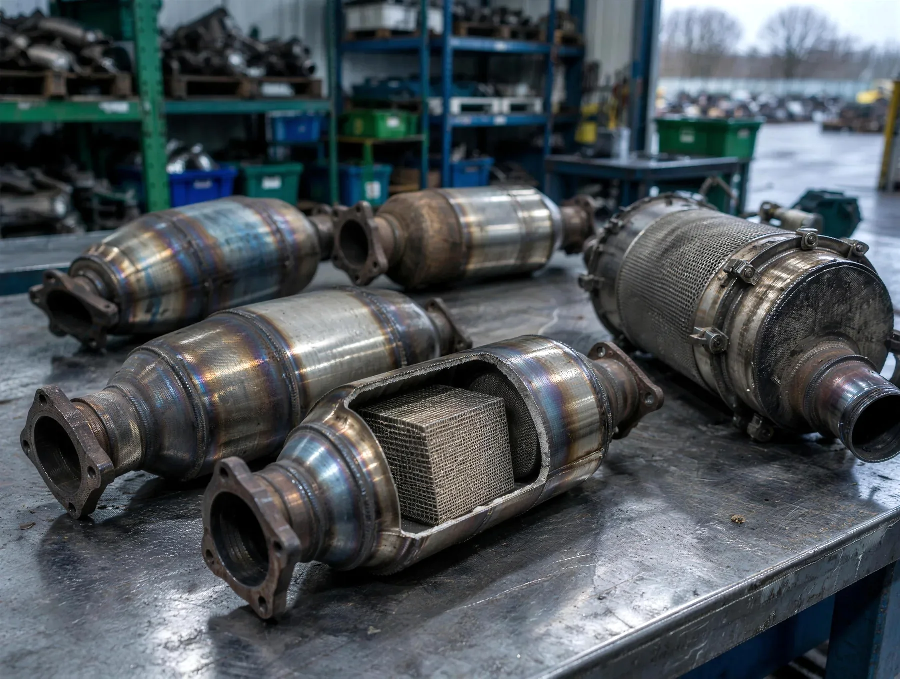 Des catalyseurs usagés alignés sur un établi d'acier.