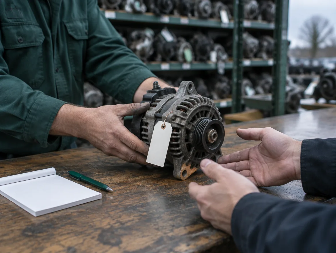 At the counter, a clerk hands a tagged used alternator to a customer.