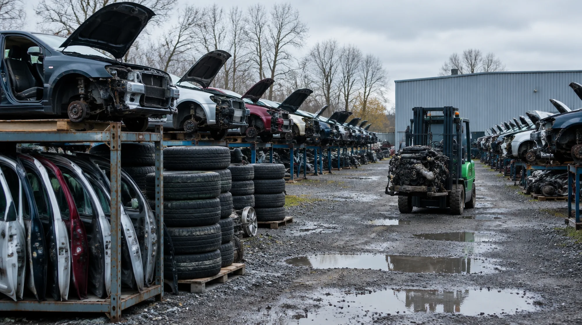 In the yard, rows of dismantled cars on stands, doors and tires on steel racks, a forklift carrying an engine.
