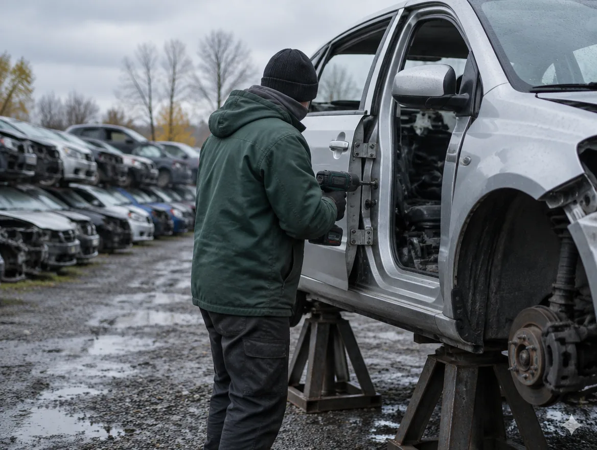 In the yard, a mechanic unbolts the front door of a grey car up on stands.