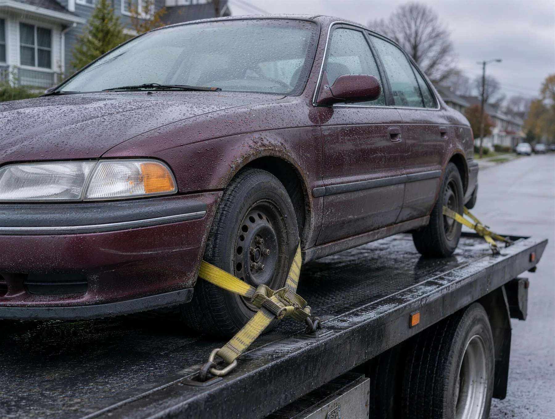 A rusted burgundy sedan strapped down on a flatbed tow truck in the rain.