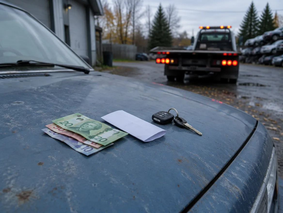 Banknotes and a folded slip on the dusty hood of an old car, a tow truck behind.