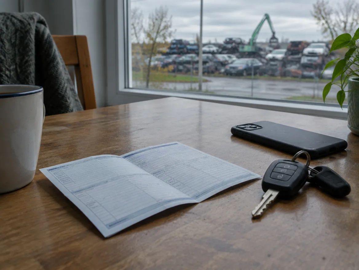 On a kitchen table, a folded registration certificate, car keys and a phone.