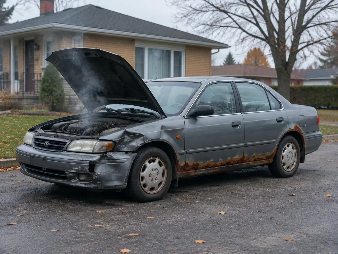 An old grey sedan in a driveway: crumpled front fender, rust along the doors, hood open with smoke coming out of the engine.