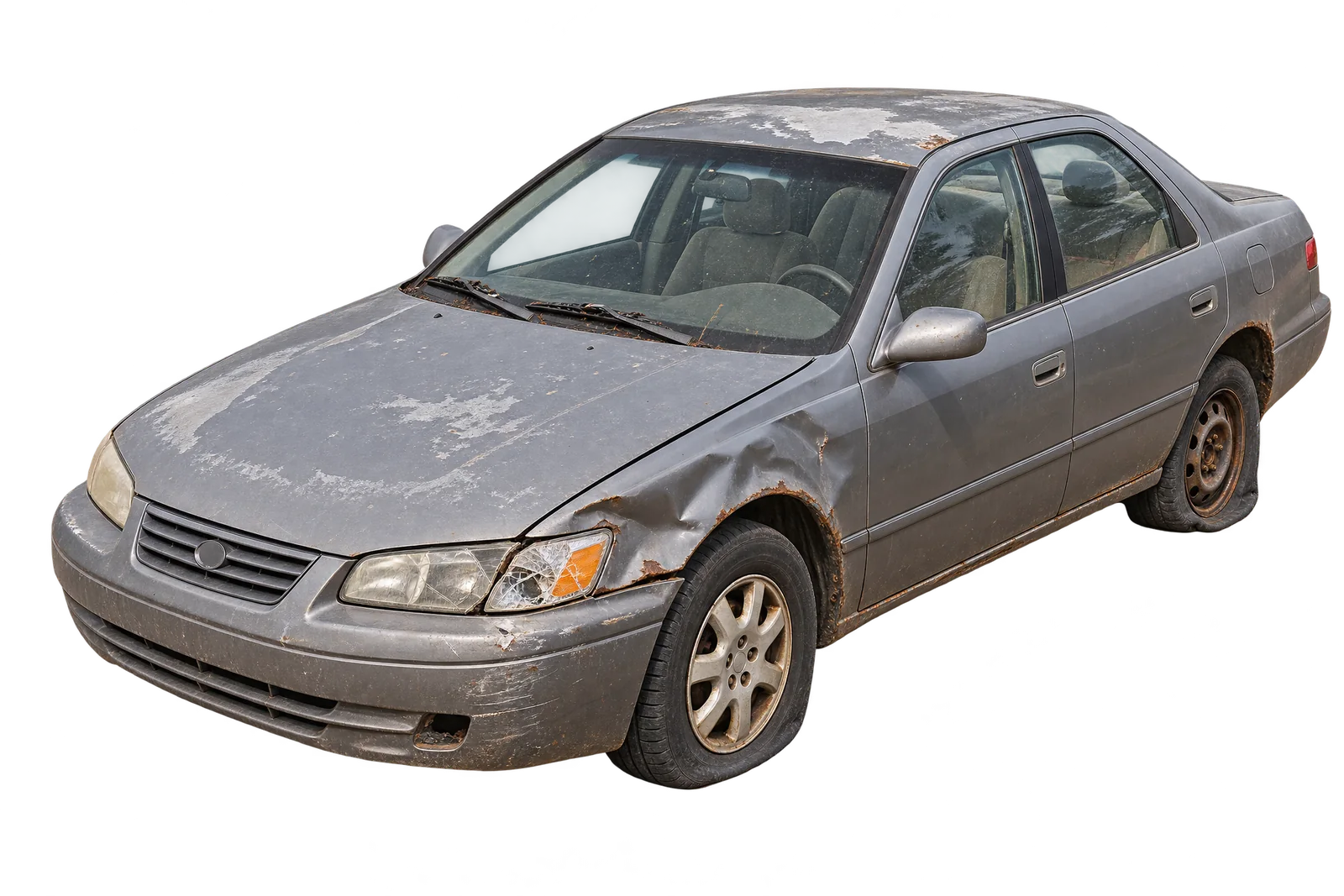 Old dented grey sedan headed for scrap.