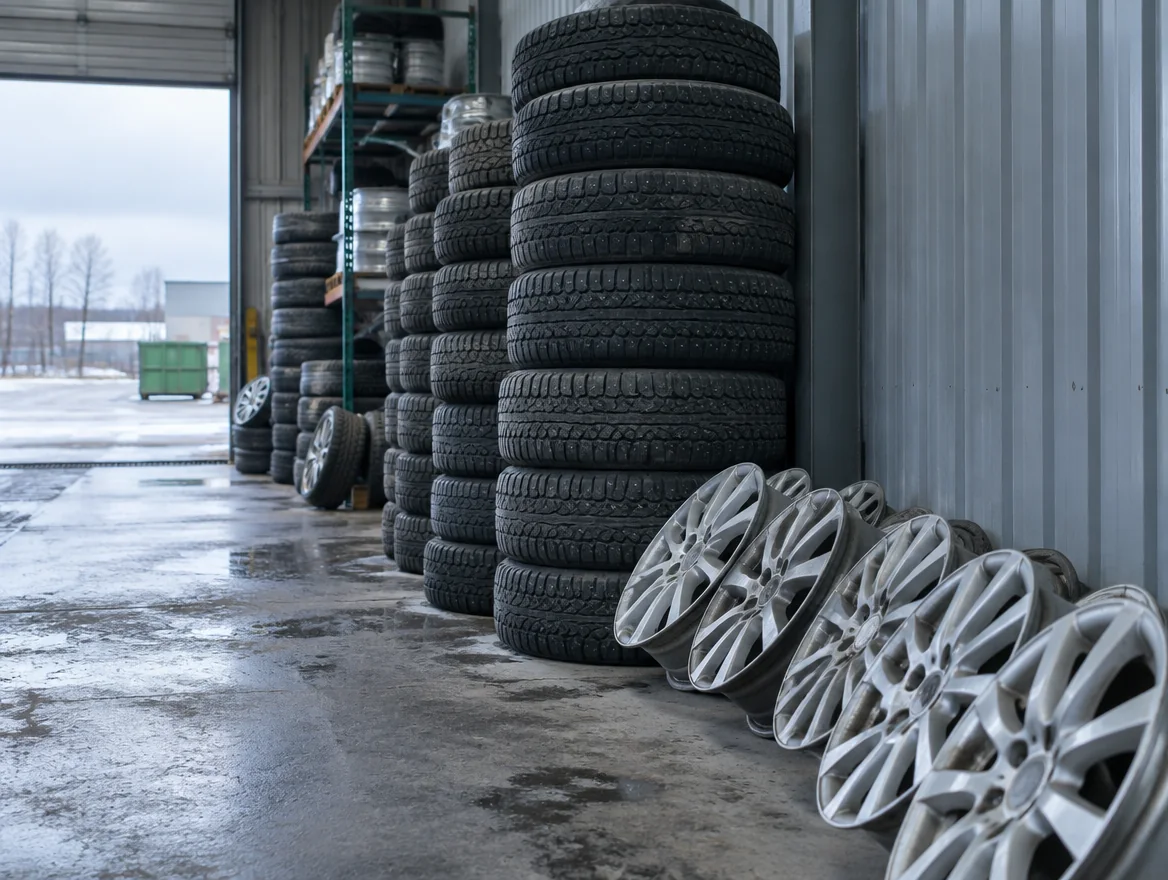 Stacks of used tires and a row of mags against a steel wall.