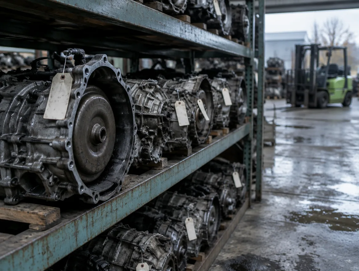Used transmissions lined up on a steel shelf, each with a tag.