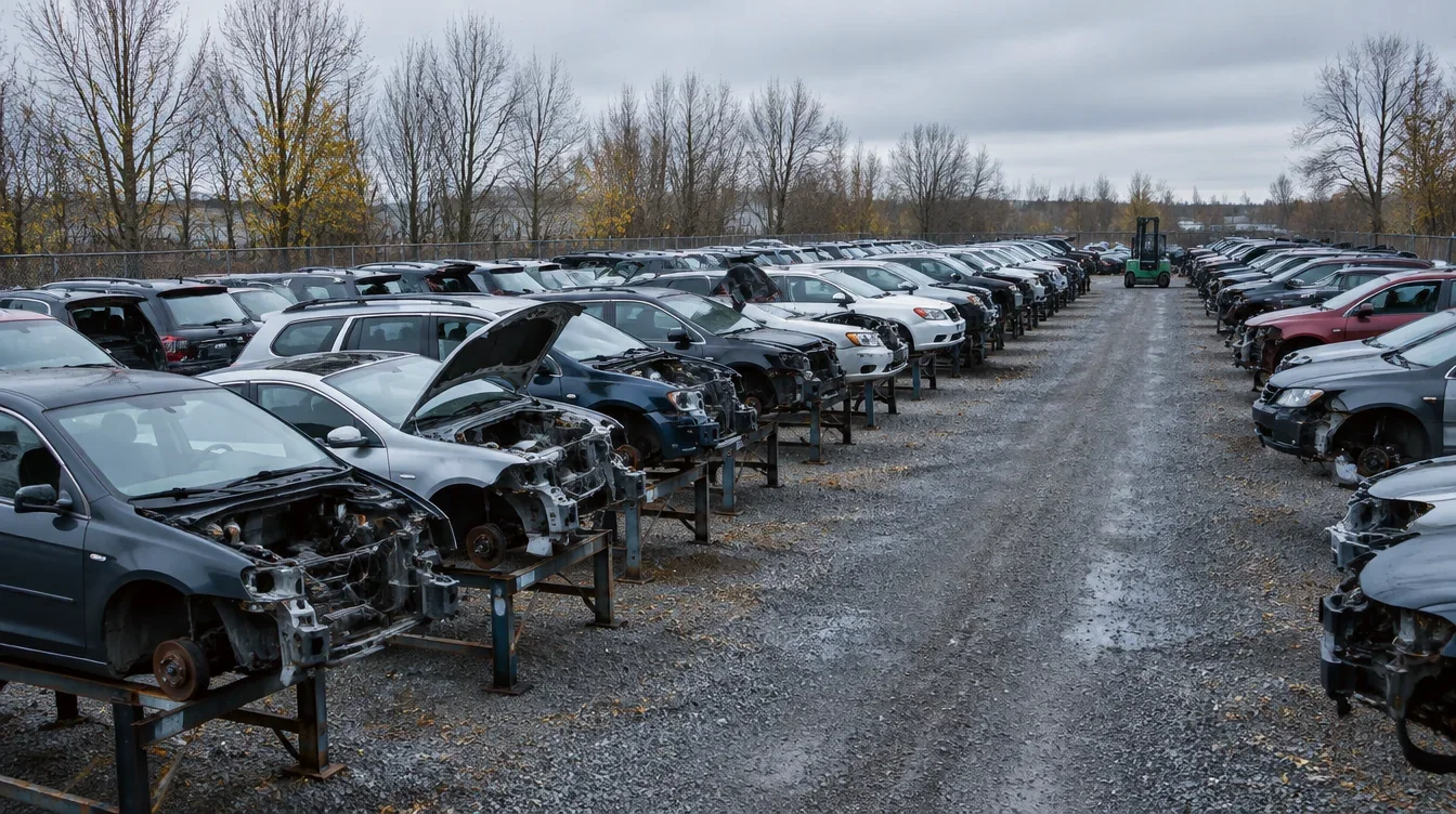 Rows of dismantled cars on stands in the recycling yard, a green forklift at the far end.